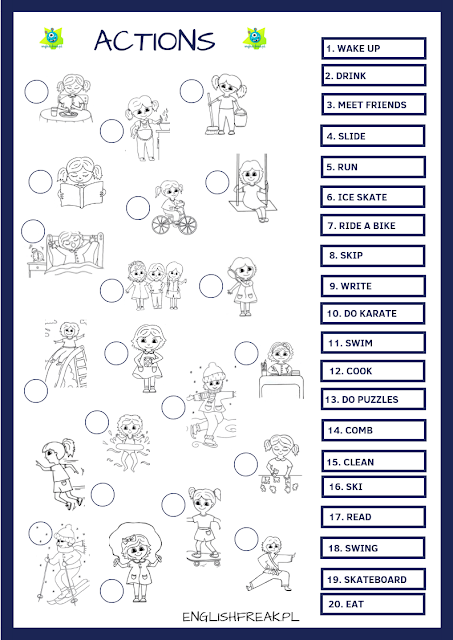 Actions worksheets corssowrd word serach matching