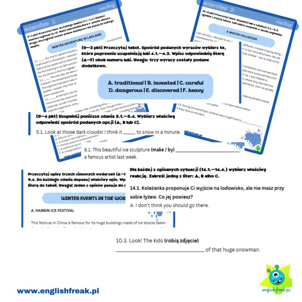 E8 Winter - zadania egzaminacyjne - egzamin ósmoklasisty by Ilona Pawelek